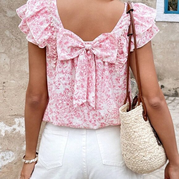 Pink Boho Women's Casual Ditsy Floral Print Ruffled Short Sleeved Shirt - Picture 2 of 6
